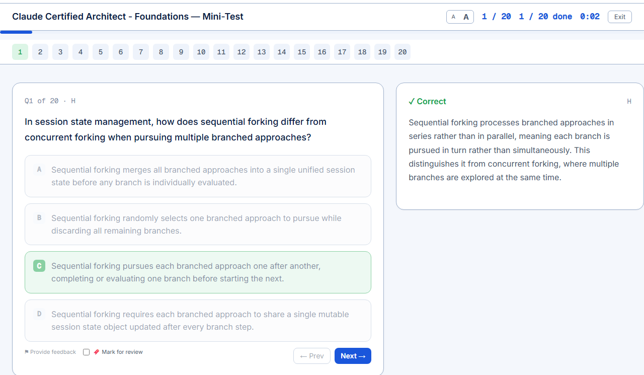 A Claude certification practice question in a Mini-Test -- a sequential-forking question answered correctly, with a full in-depth explanation shown right beside it