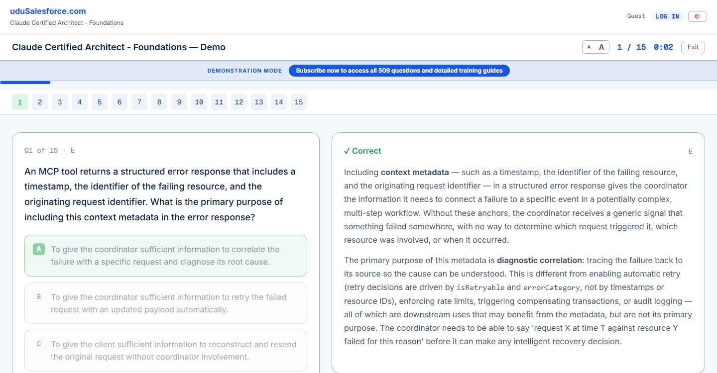 A real Claude certification practice question, answered correctly, with the full explanation panel shown beside it